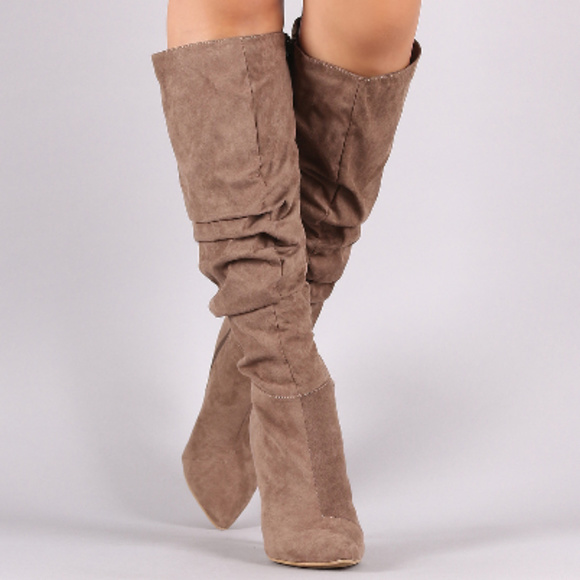 Womens Taupe Pointy Toe Slouchy Knee High Boots